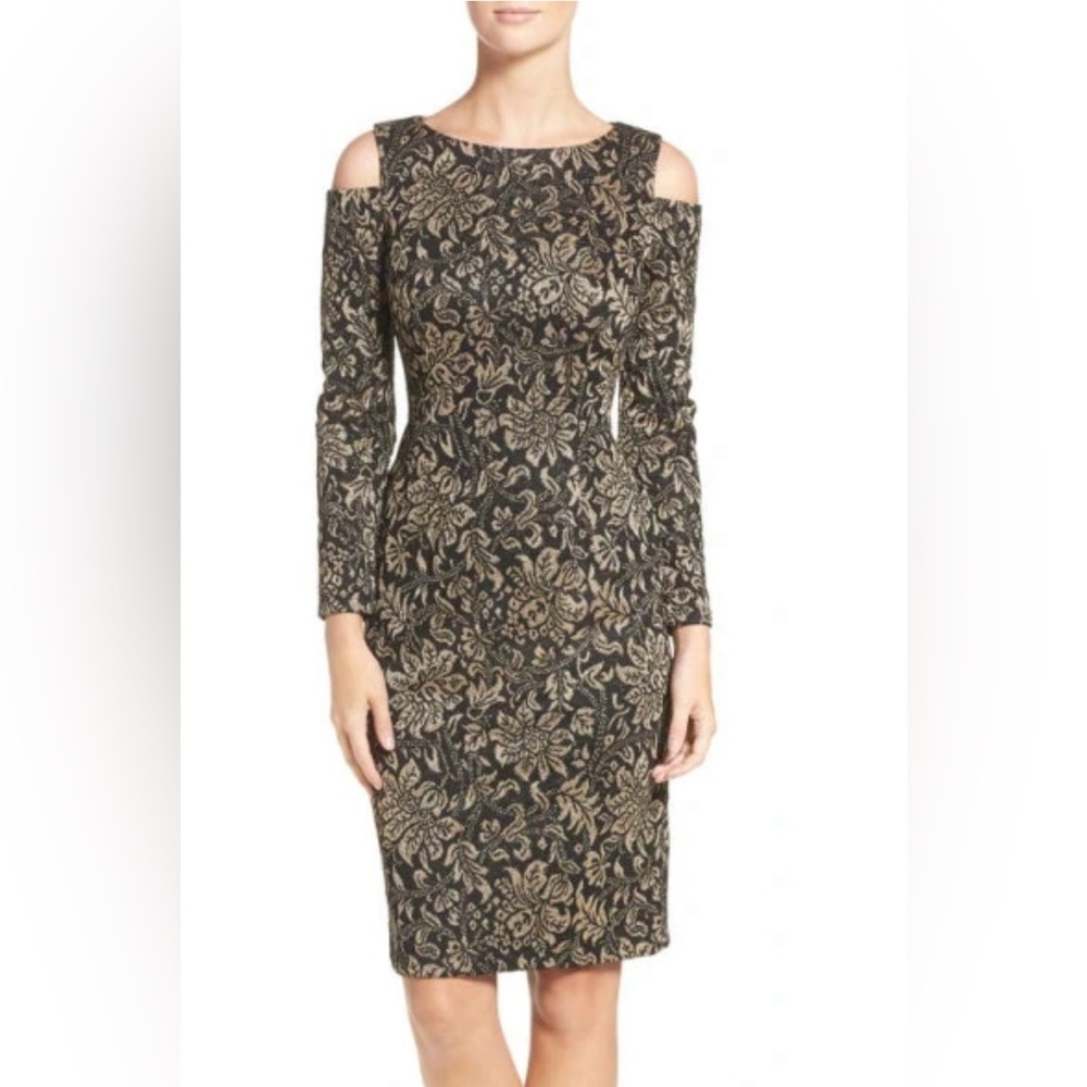 Eliza J Metallic Knit Sheath Dress in Black and Gold Size 2